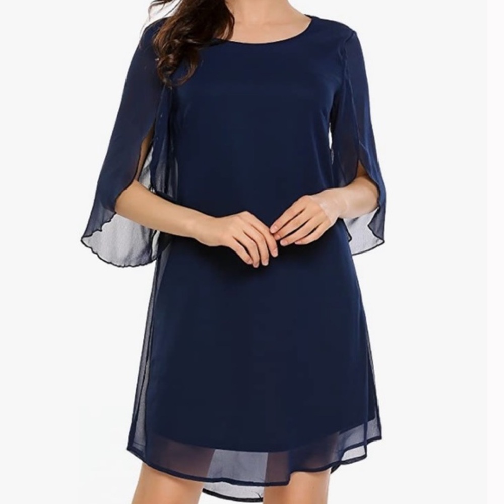 Elegant Navy Sheer Sleeve Dress